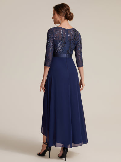 Sequins Long Sleeve Asymmetrical Hem Evening Dress #color_Navy Blue