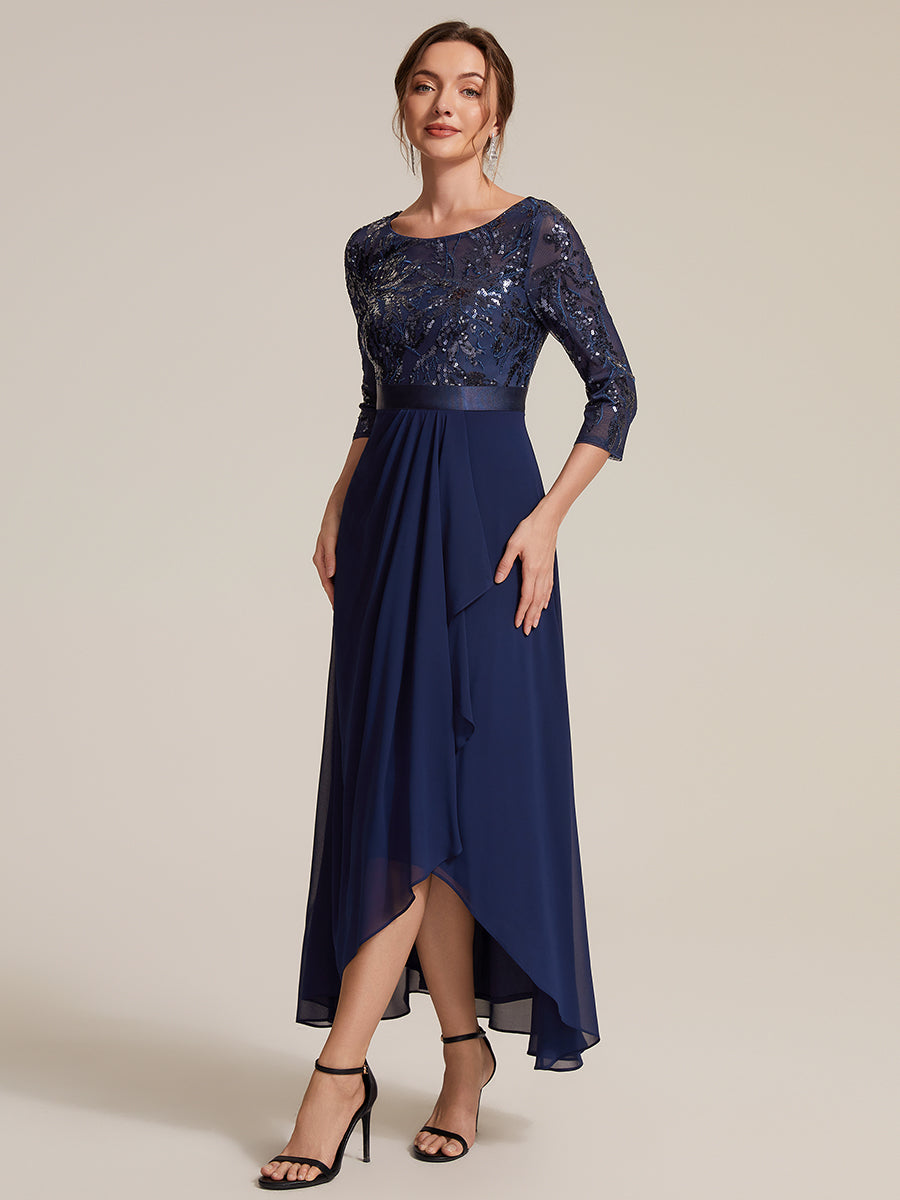 Sequins Long Sleeve Asymmetrical Hem Evening Dress #color_Navy Blue