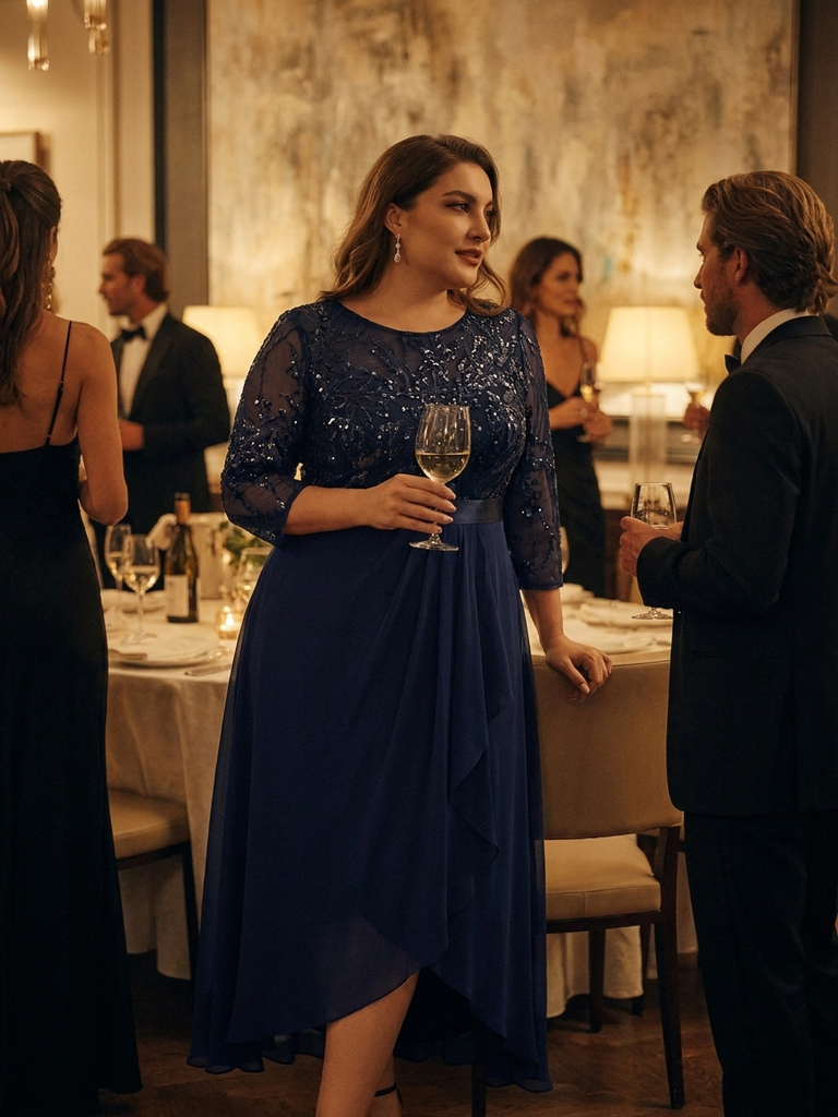 Plus Size See-through Sequins Evening Dress #color_Navy Blue