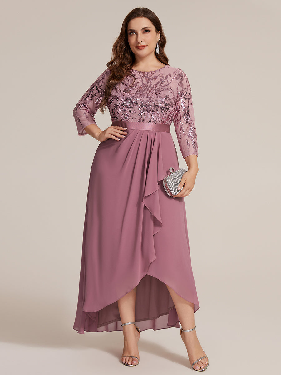 Sequins Long Sleeve Asymmetrical Hem Evening Dress #color_Purple Orchid