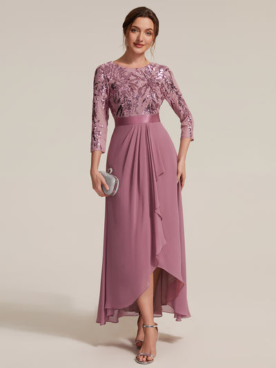 Sequins Long Sleeve Asymmetrical Hem Evening Dress