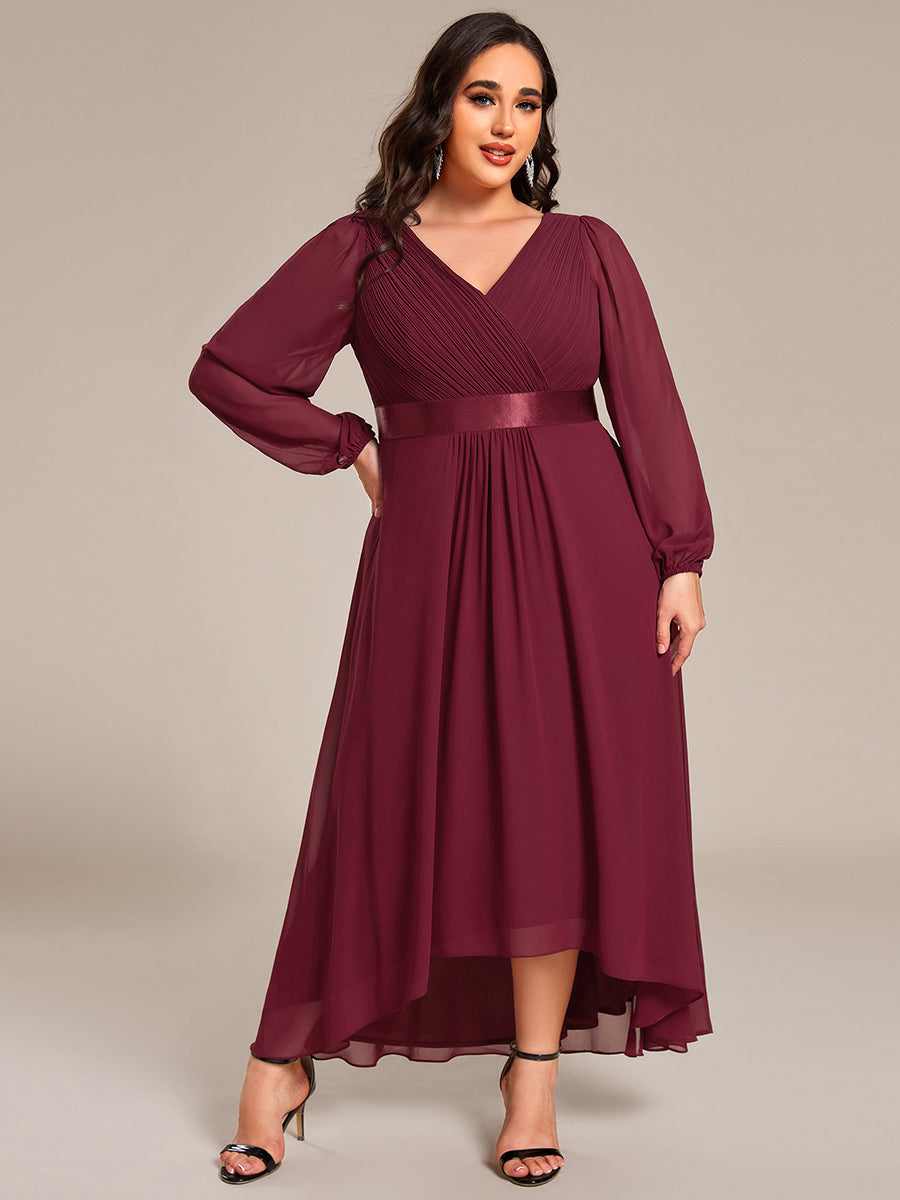 Pleated Chiffon Lantern Sleeve Evening Dress #color_Burgundy
