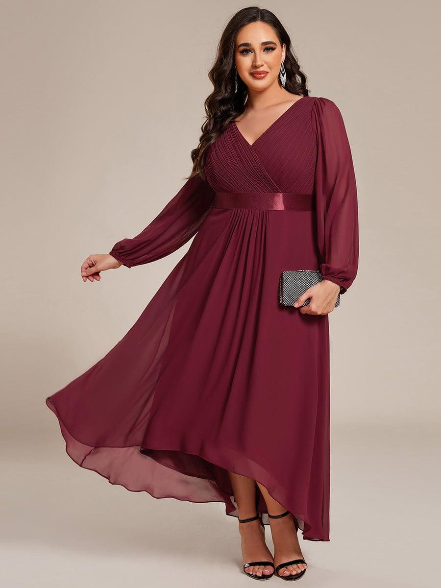 Plus Size A-Line Long Sleeve Chiffon Pleated Formal Dress #color_Burgundy