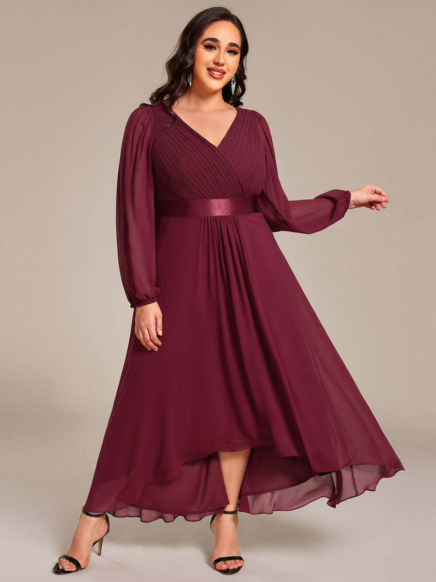 Pleated Chiffon Lantern Sleeve Evening Dress #color_Burgundy