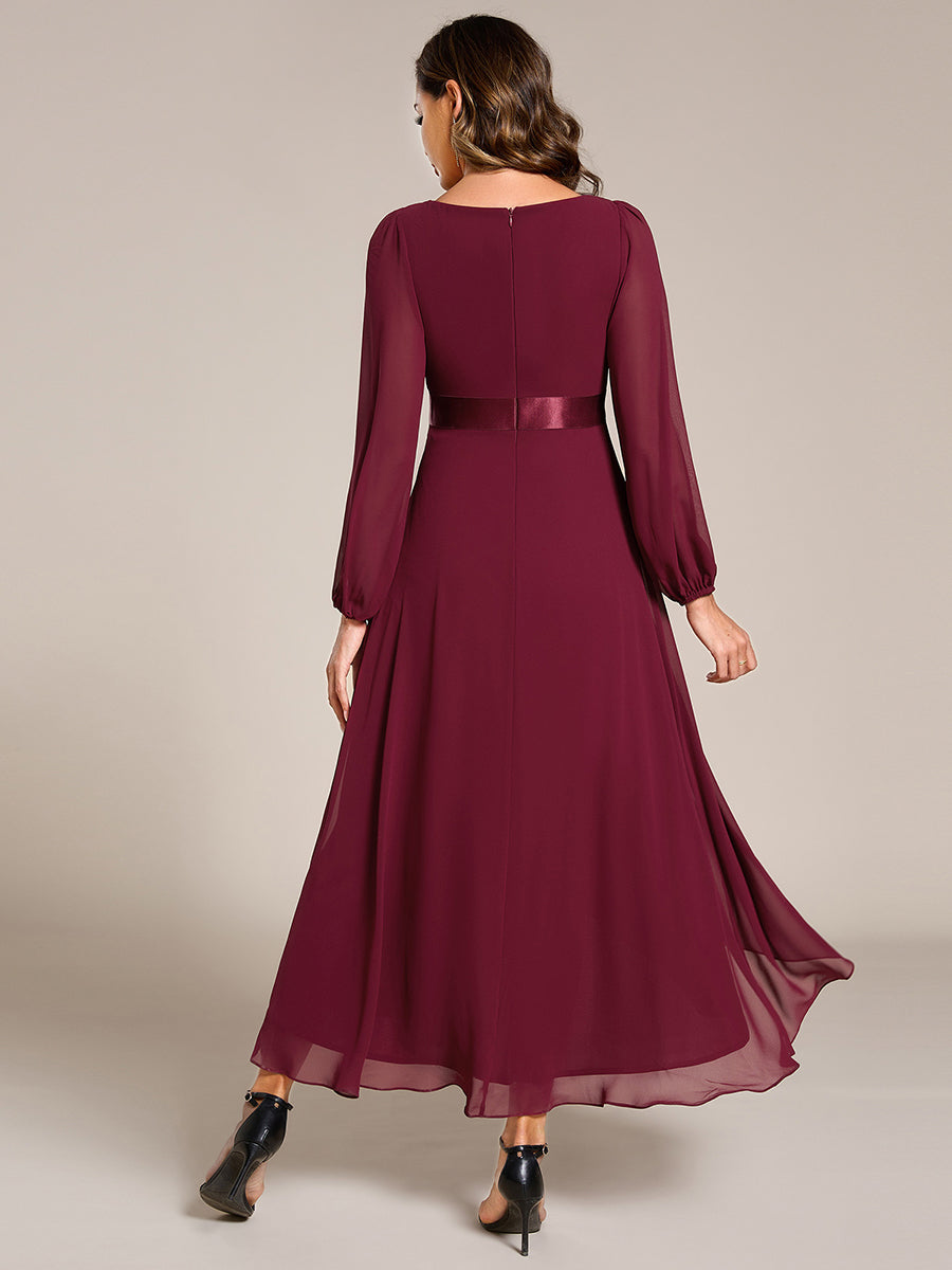 Pleated Chiffon Lantern Sleeve Evening Dress #color_Burgundy