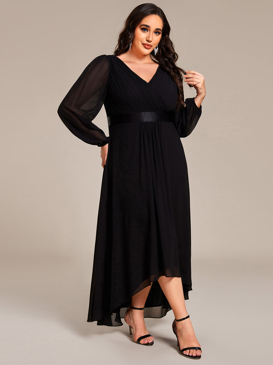 Pleated Chiffon Lantern Sleeve Evening Dress #color_Black