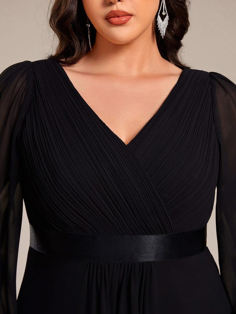 Plus Size A-Line Long Sleeve Chiffon Pleated Formal Dress #color_Black