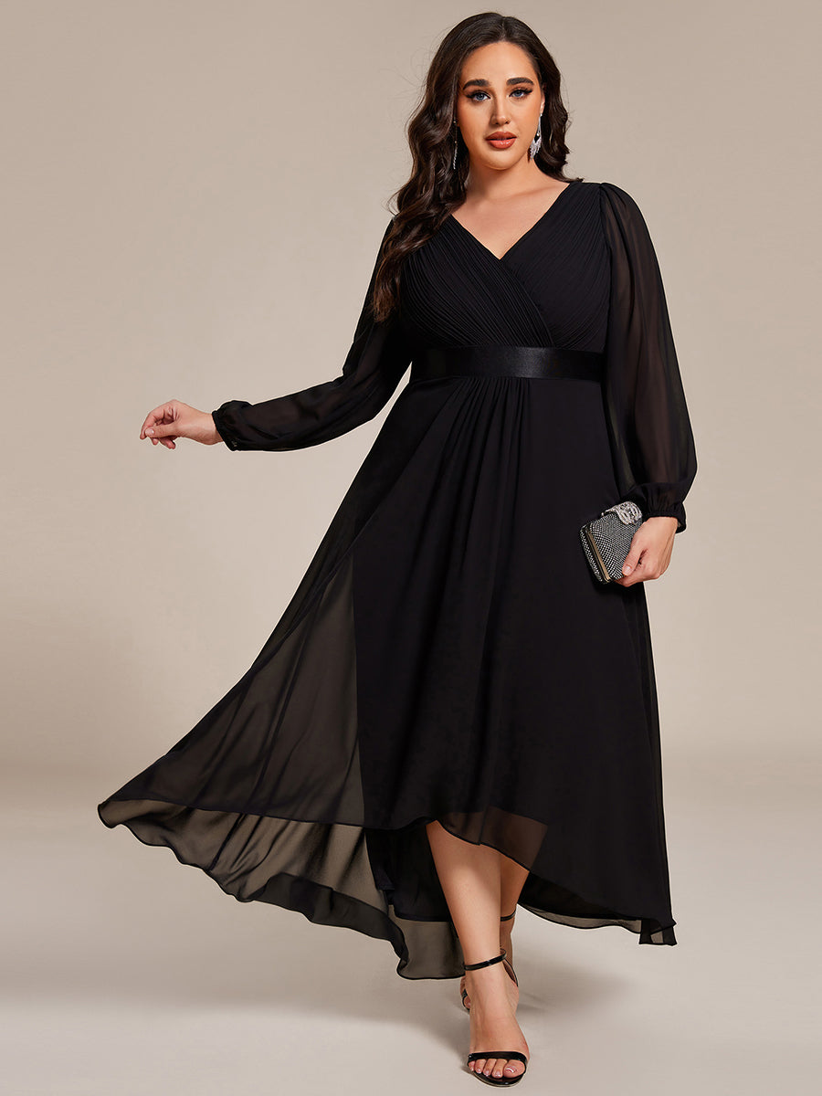 Pleated Chiffon Lantern Sleeve Evening Dress #color_Black