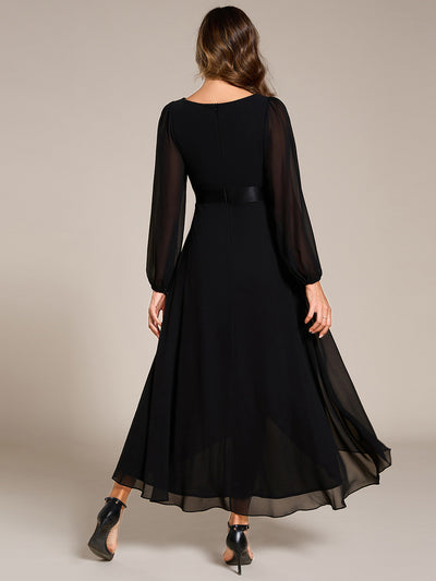 Pleated Chiffon Lantern Sleeve Evening Dress #color_Black