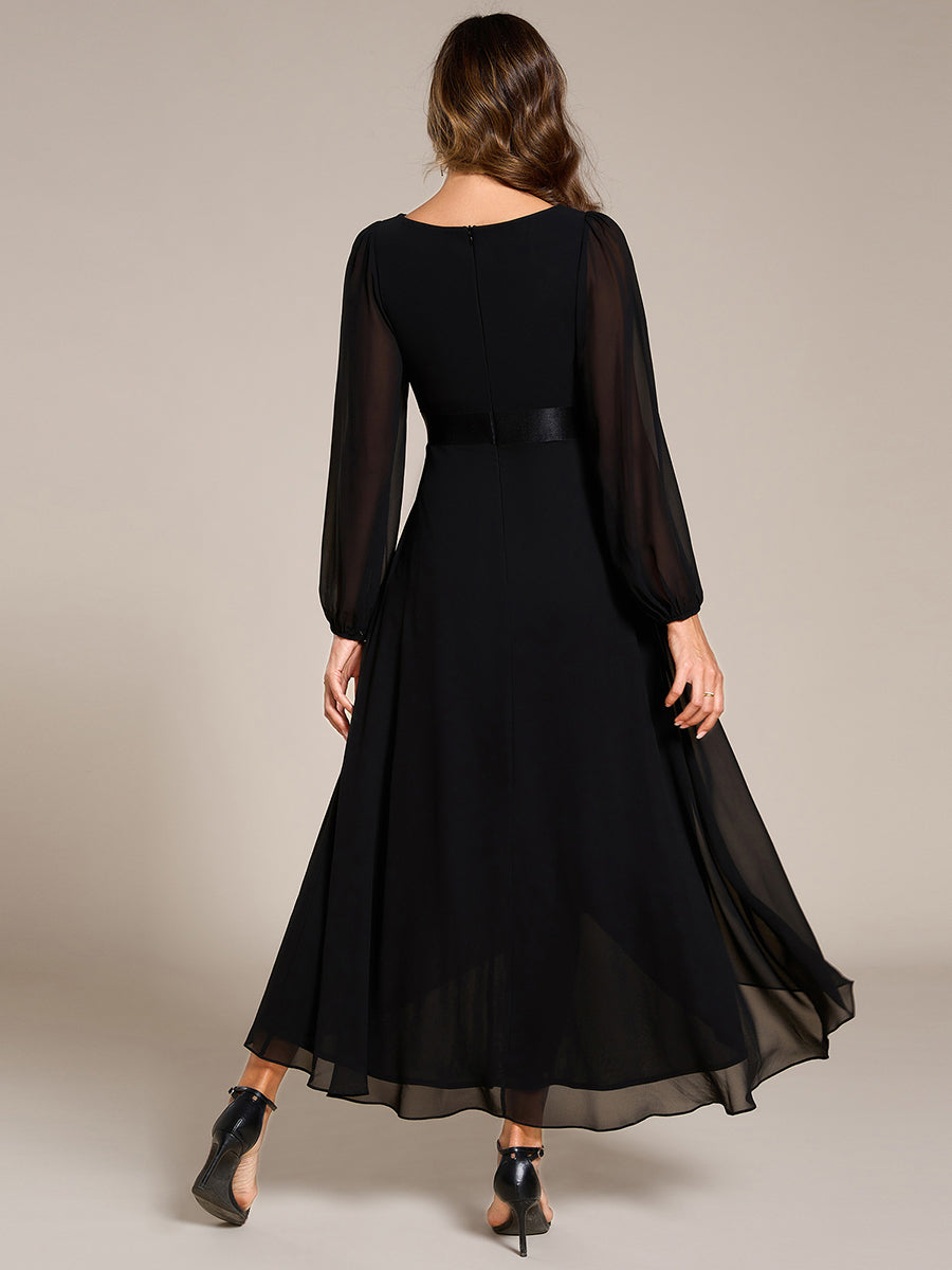 Pleated Chiffon Lantern Sleeve Evening Dress #color_Black