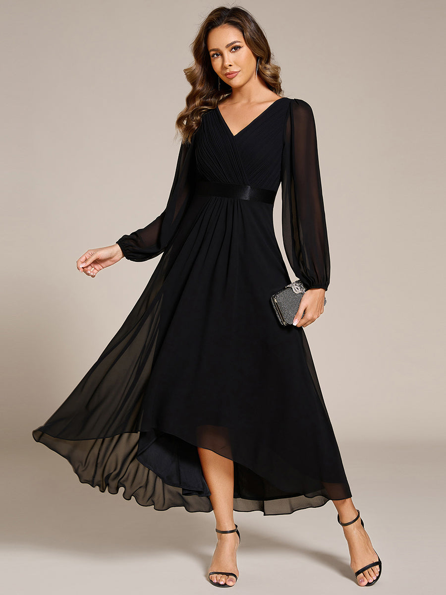 Pleated Chiffon Lantern Sleeve Evening Dress #color_Black