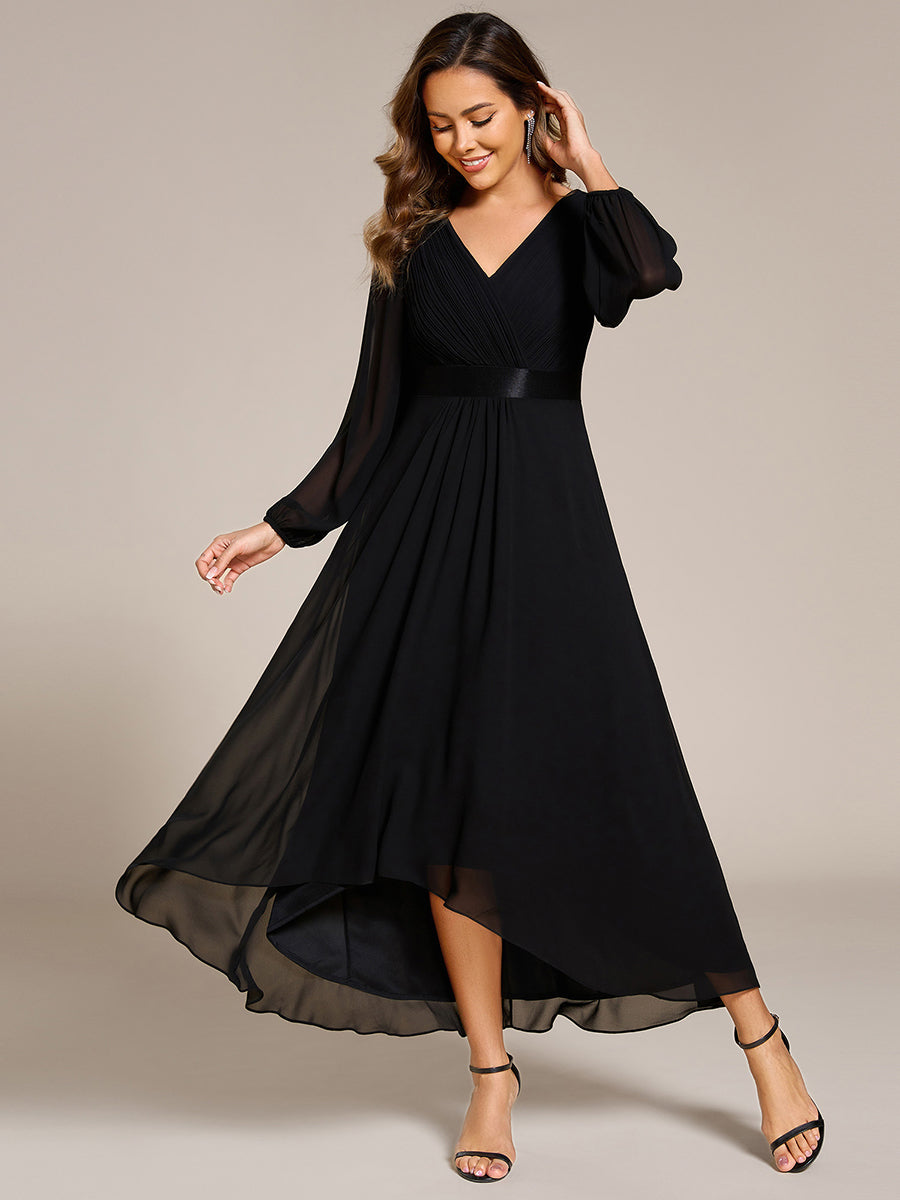 Pleated Chiffon Lantern Sleeve Evening Dress #color_Black