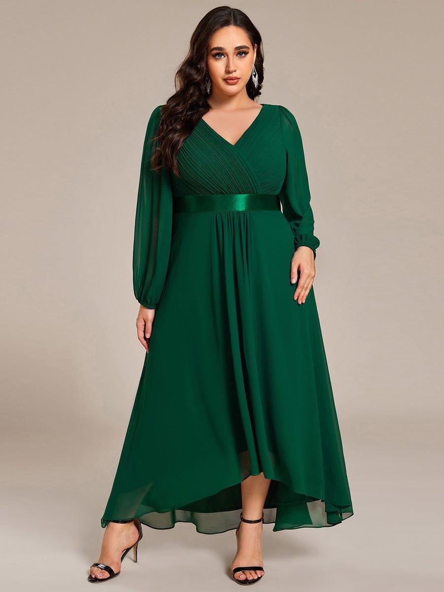 Plus Size A-Line Long Sleeve Chiffon Pleated Formal Dress #color_Dark Green