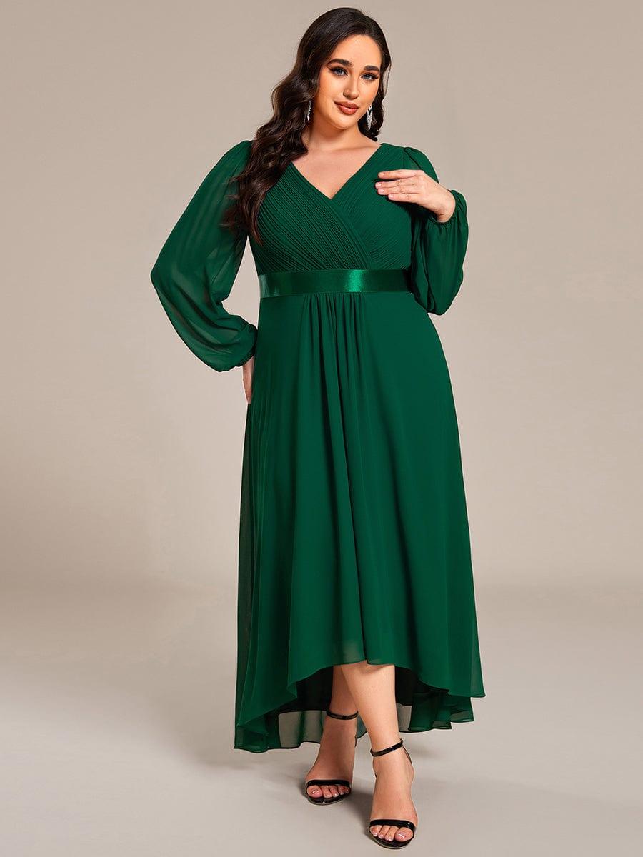 Plus Size A-Line Long Sleeve Chiffon Pleated Formal Dress #color_Dark Green