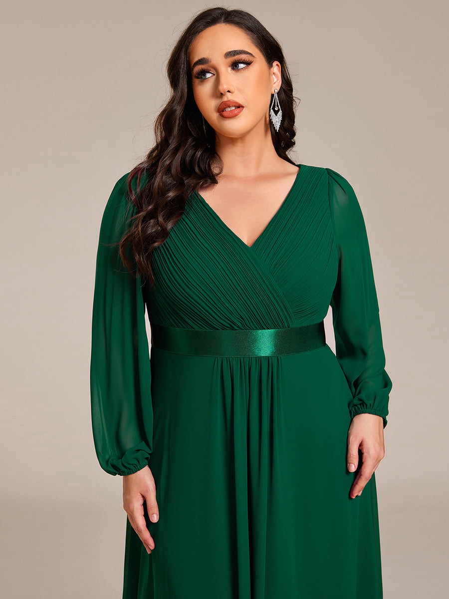 Pleated Chiffon Lantern Sleeve Evening Dress #color_Dark Green