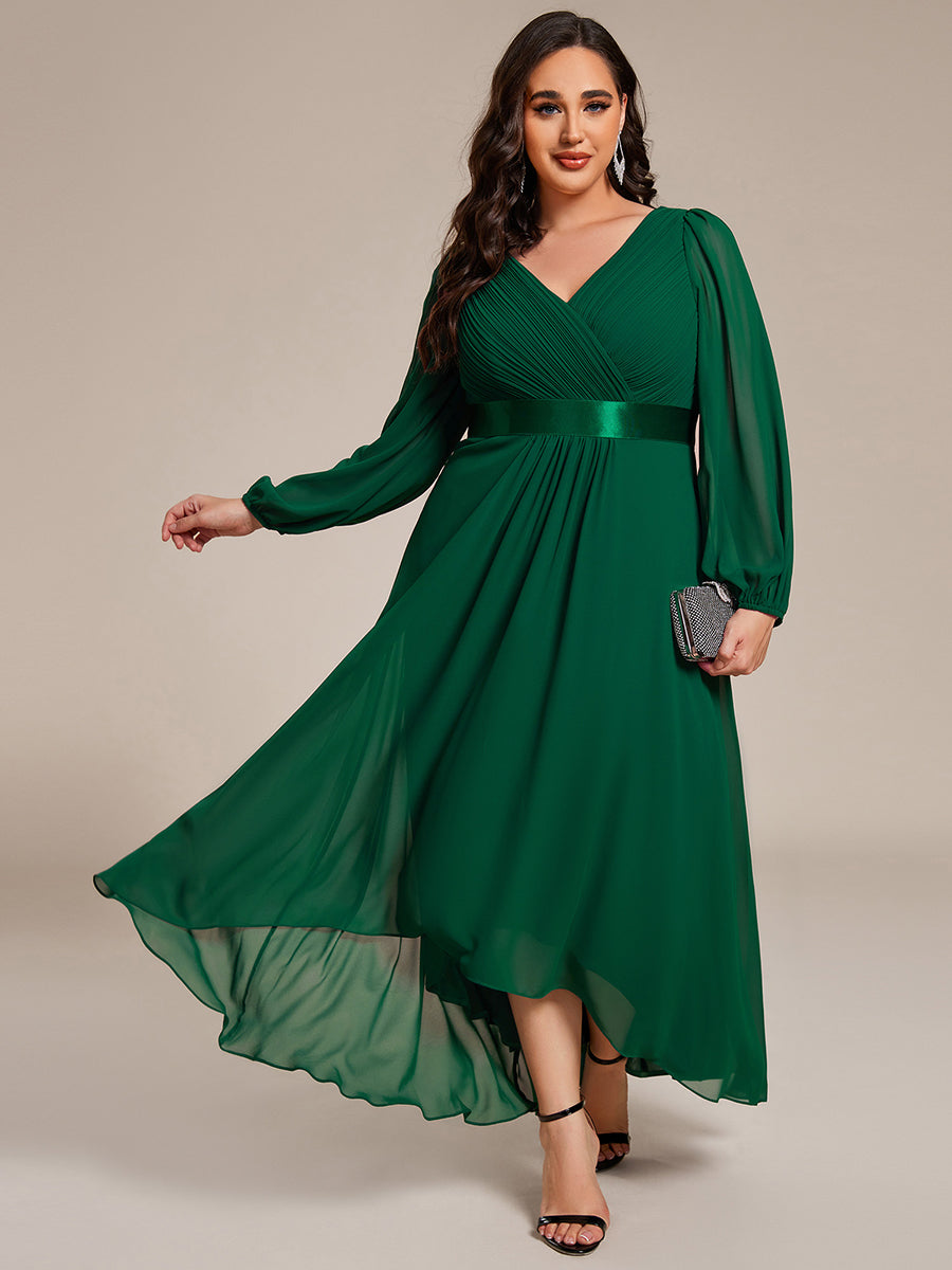 Pleated Chiffon Lantern Sleeve Evening Dress #color_Dark Green
