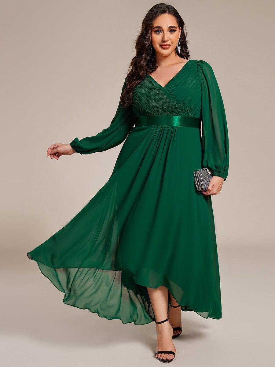 Plus Size A-Line Long Sleeve Chiffon Pleated Formal Dress #color_Dark Green