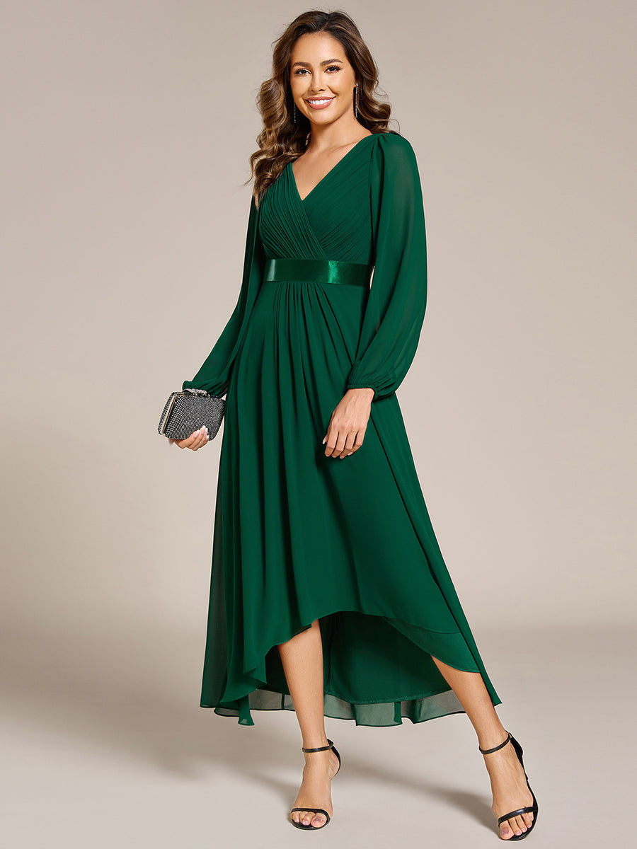 Pleated Chiffon Lantern Sleeve Evening Dress #color_Dark Green