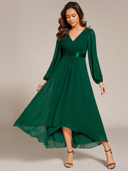 green formal dress with sleeves V Neck Long Chiffon Pleated Asymmetrical Hem campaign:modern-romance-6 On Sight Velvet Mini Color:Breeze Visit our Gold Coast