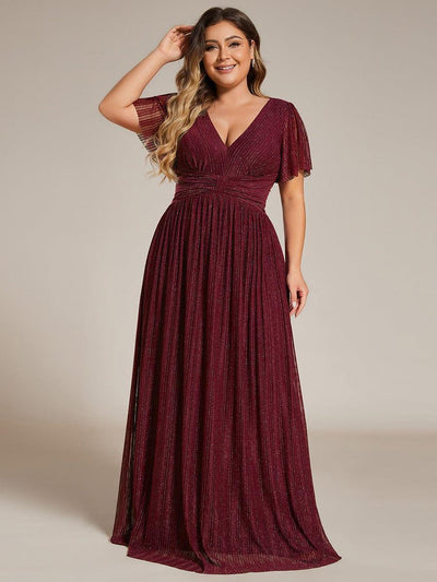 Plus Size V-Neck Glittery Short Sleeves Formal Evening Dress with Empire Waist #color_Burgundy