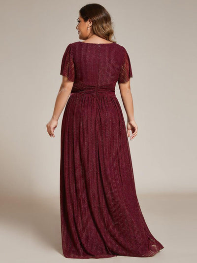 Plus Size V-Neck Glittery Short Sleeves Formal Evening Dress with Empire Waist #color_Burgundy