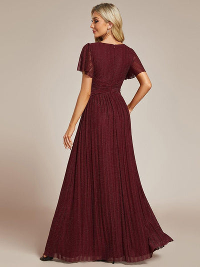 V-Neck Glittery Short Sleeves Formal Evening Dress with Empire Waist #color_Burgundy
