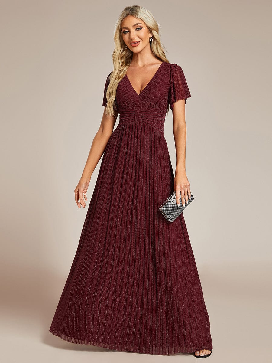 V-Neck Glittery Short Sleeves Formal Evening Dress with Empire Waist #color_Burgundy