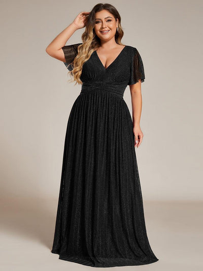 Plus Size V-Neck Glittery Short Sleeves Formal Evening Dress with Empire Waist #color_Black