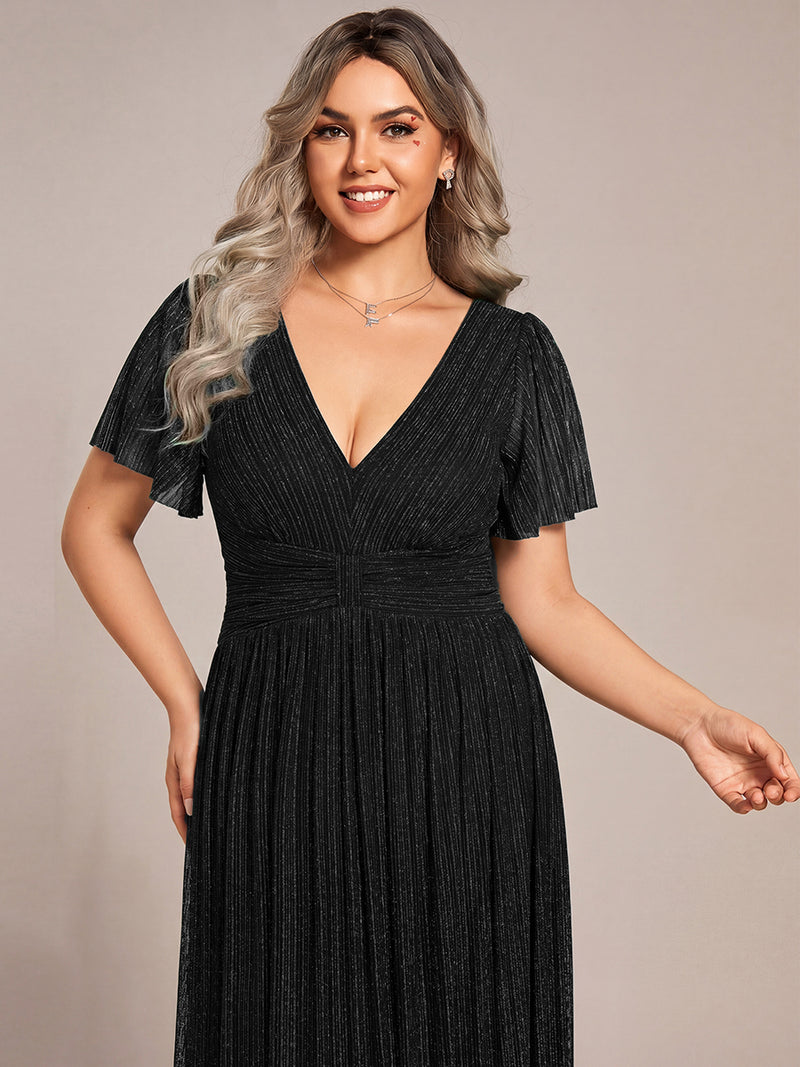 Glittery Empire Waist Short Sleeves Formal Evening Dress with V-Neck