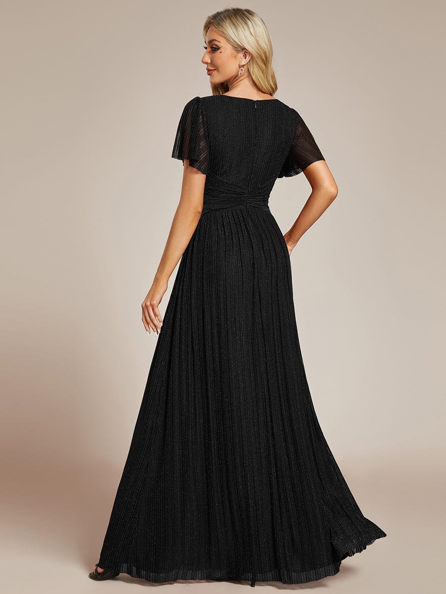 V-Neck Glittery Short Sleeves Formal Evening Dress with Empire Waist #color_Black