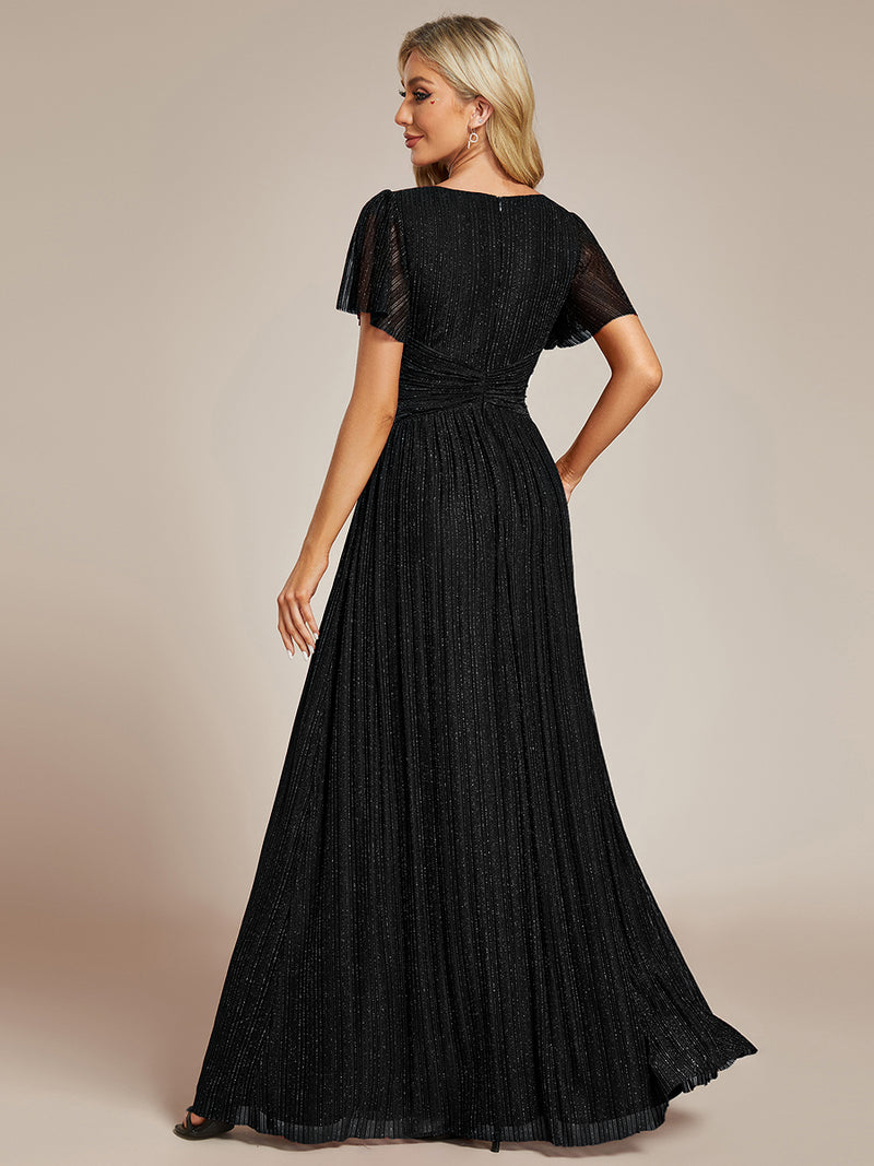 Glittery Empire Waist Short Sleeves Formal Evening Dress with V-Neck