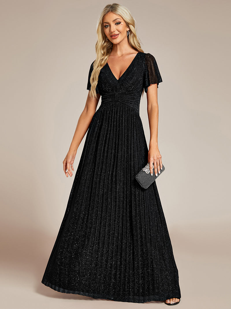 Glittery Empire Waist Short Sleeves Formal Evening Dress with V-Neck