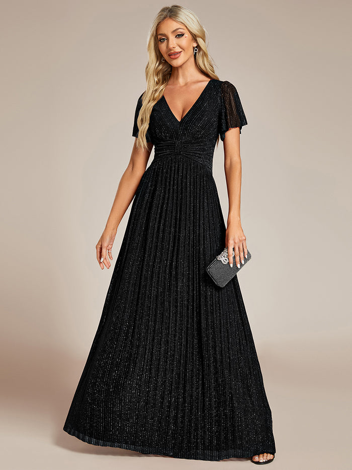 Glittery Empire Waist Short Sleeves Formal Evening Dress with V-Neck