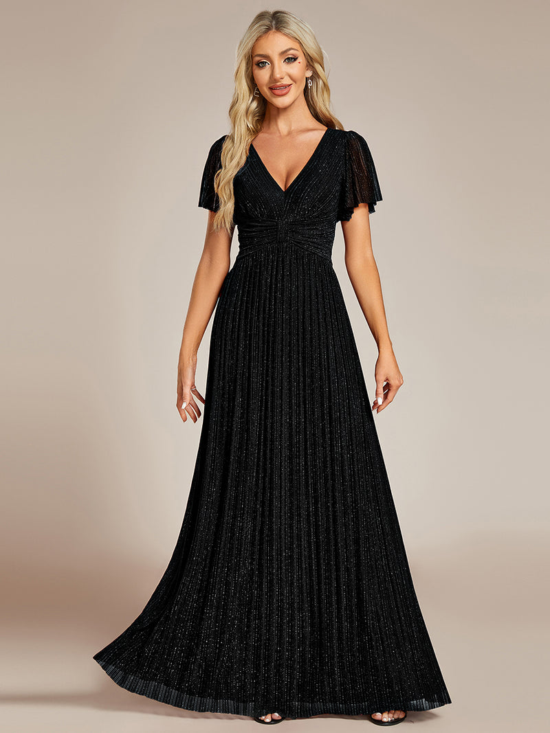 Glittery Empire Waist Short Sleeves Formal Evening Dress with V-Neck