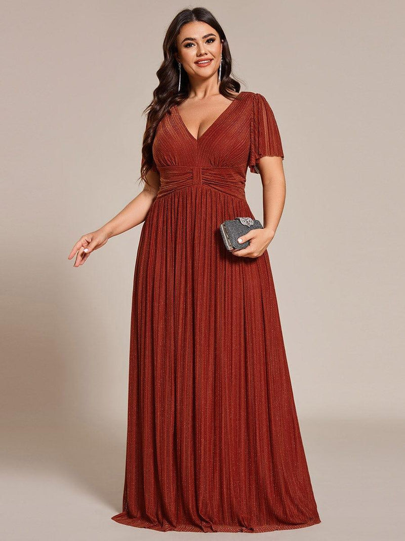 Glittery Empire Waist Short Sleeves Plus Size Formal Evening Dress with