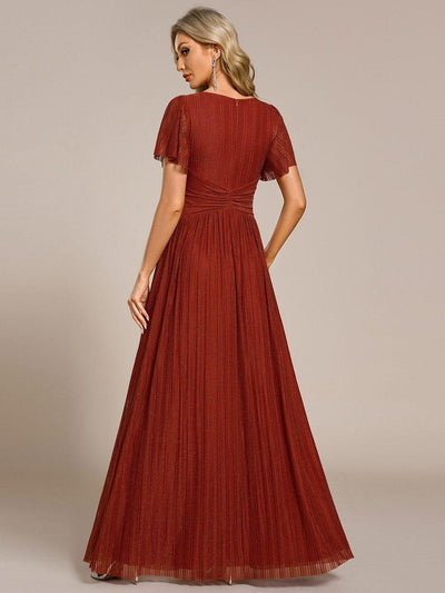 V-Neck Glittery Short Sleeves Formal Evening Dress with Empire Waist #color_Burnt Orange