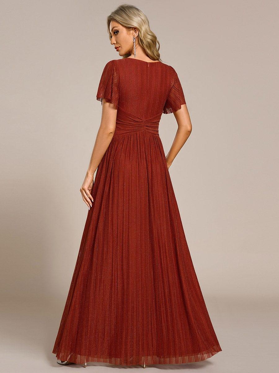 V-Neck Glittery Short Sleeves Formal Evening Dress with Empire Waist #color_Burnt Orange