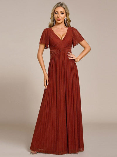 V-Neck Glittery Short Sleeves Formal Evening Dress with Empire Waist #color_Burnt Orange