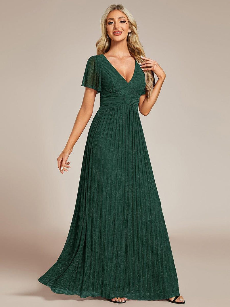 Glittery Empire Waist Short Sleeves Formal Evening Dress with V-Neck