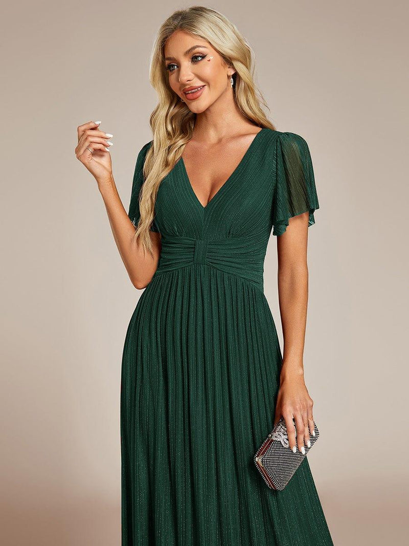 Glittery Empire Waist Short Sleeves Formal Evening Dress with V-Neck