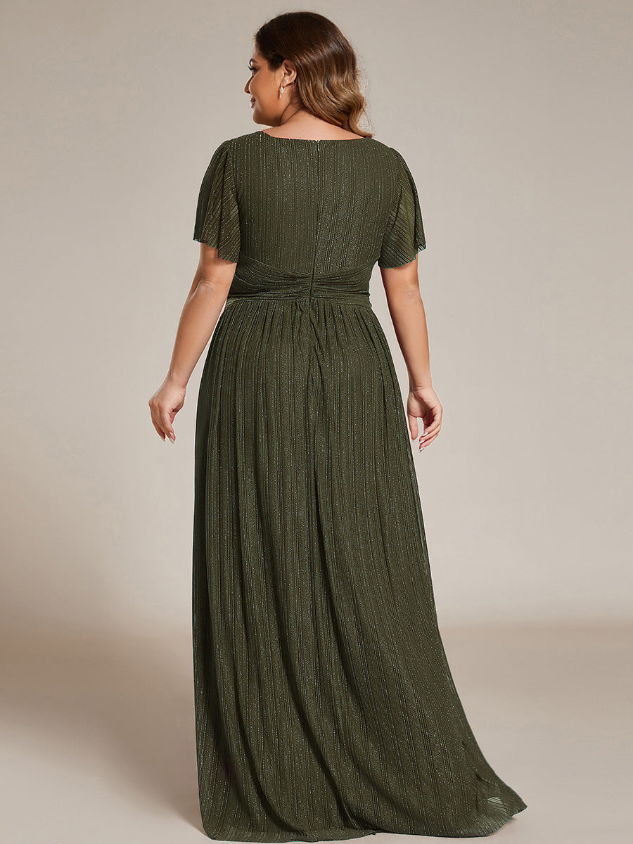 Plus Size V-Neck Glittery Short Sleeves Formal Evening Dress with Empire Waist #color_Olive Green