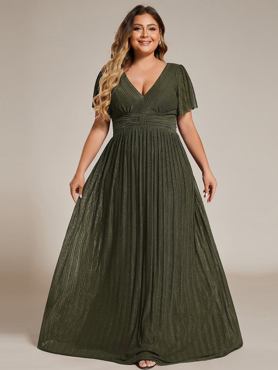 Plus Size V-Neck Glittery Short Sleeves Formal Evening Dress with Empire Waist #color_Olive Green