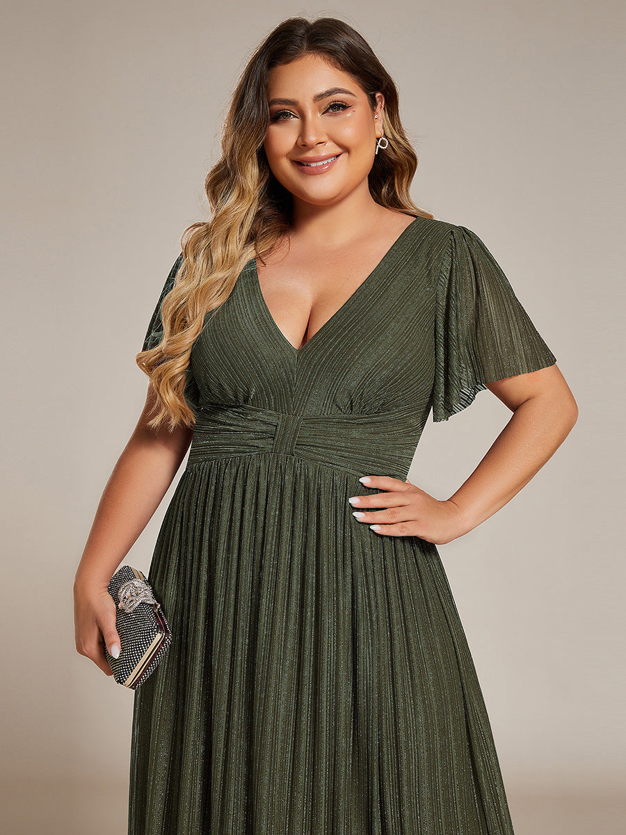 Plus Size V-Neck Glittery Short Sleeves Formal Evening Dress with Empire Waist #color_Olive Green