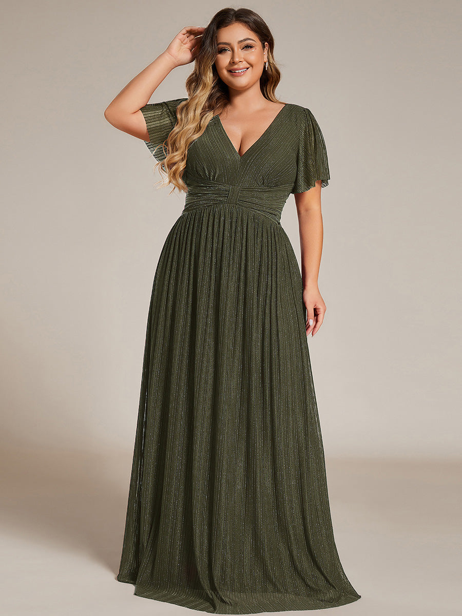Plus Size V-Neck Glittery Short Sleeves Formal Evening Dress with Empire Waist #color_Olive Green
