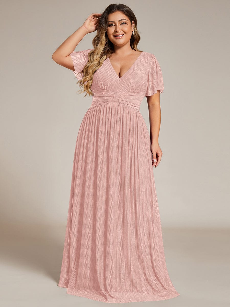 V-Neck Glittery Short Sleeves Formal Evening Dress with Empire Waist #color_Pink