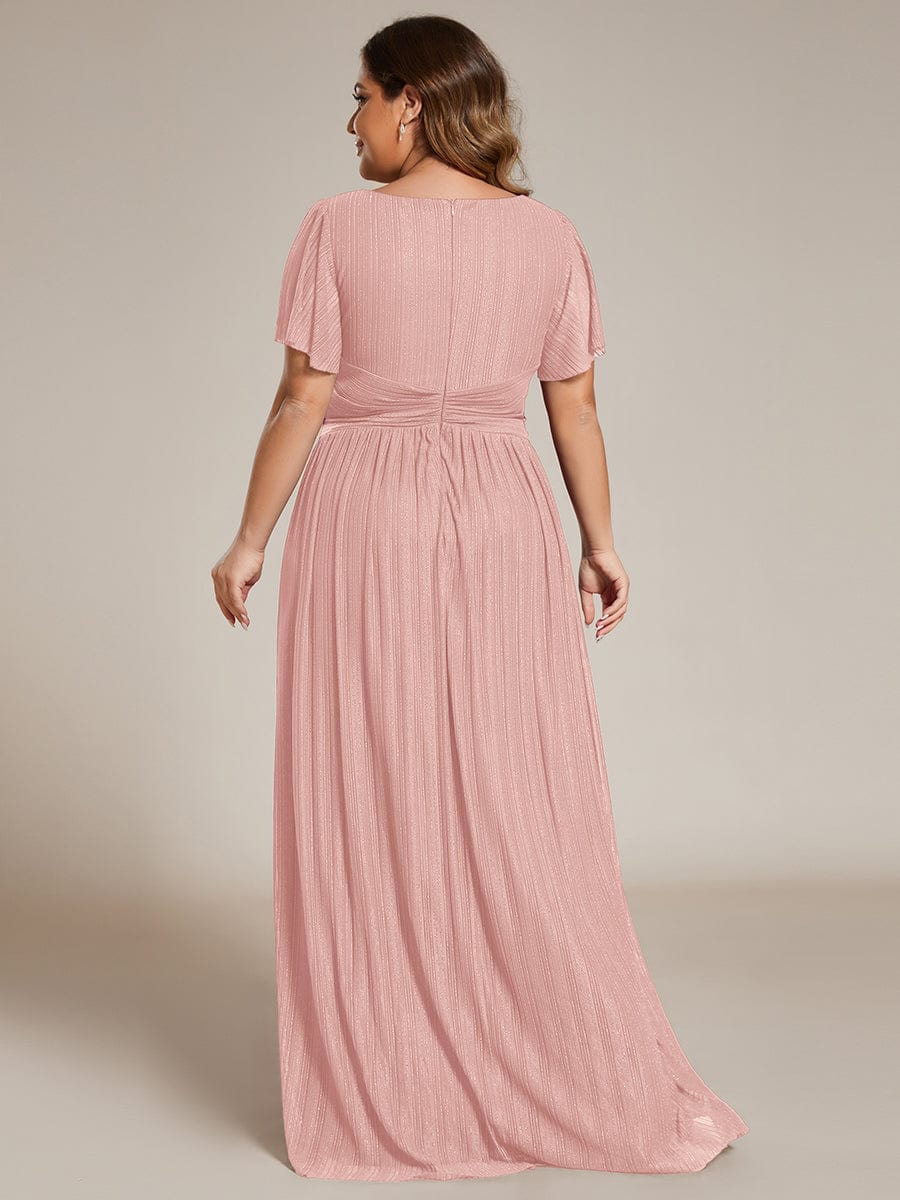 V-Neck Glittery Short Sleeves Formal Evening Dress with Empire Waist #color_Pink