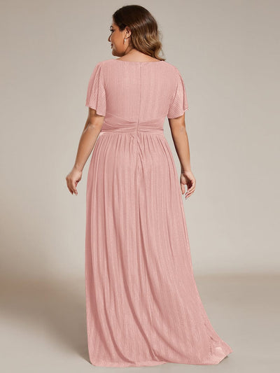Plus Size V-Neck Glittery Short Sleeves Formal Evening Dress with Empire Waist #color_Pink