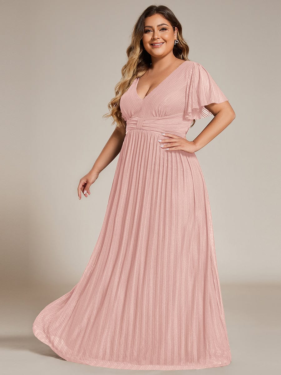 V-Neck Glittery Short Sleeves Formal Evening Dress with Empire Waist #color_Pink