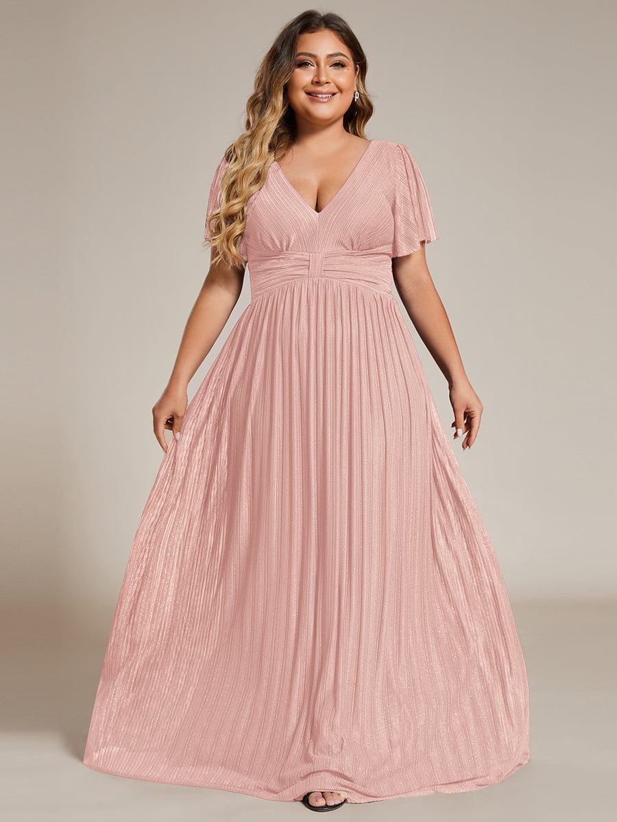 V-Neck Glittery Short Sleeves Formal Evening Dress with Empire Waist #color_Pink