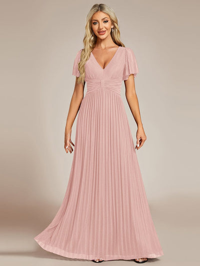 V-Neck Glittery Short Sleeves Formal Evening Dress with Empire Waist #color_Pink